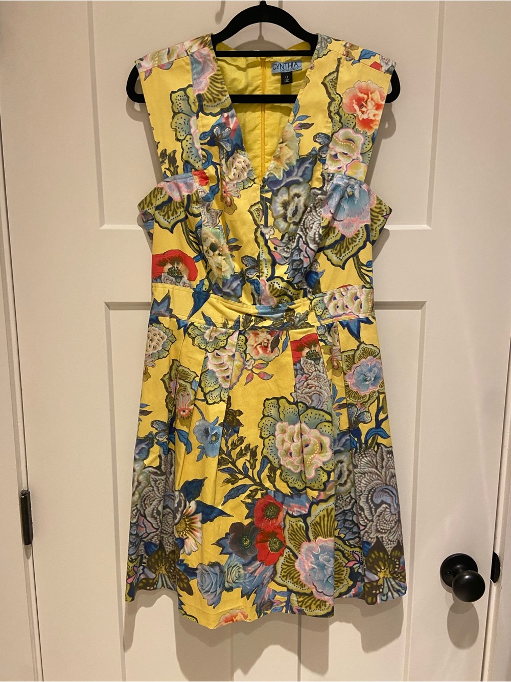 Cynthia Rowley Yellow Floral V-Neck Cutout Fit-and-Flare Dress
